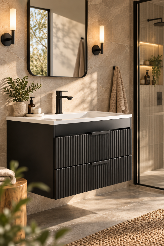 Black wall-mounted floating bathroom vanity with fluted drawer fronts and a white sink in a warm modern bathroom