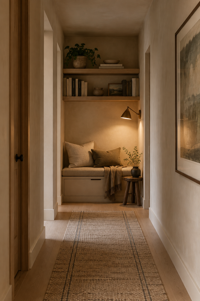 Built-in reading nook at the end of a narrow hallway with a cushioned bench, wall shelves, warm reading light and neutral decor