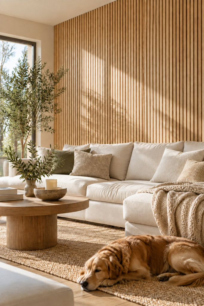 Light wood slat wall panels in a sunlit neutral living room with a cream sofa and sleeping golden retriever