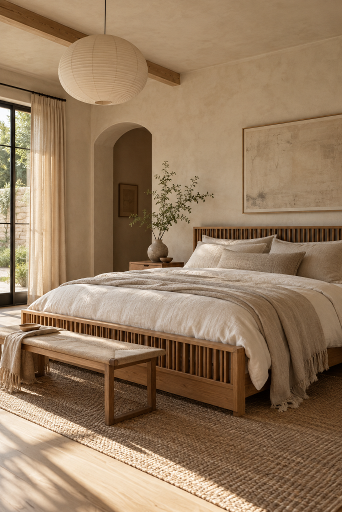 Japandi bedroom with a low wood platform bed, slatted headboard, neutral linen bedding and warm natural textures