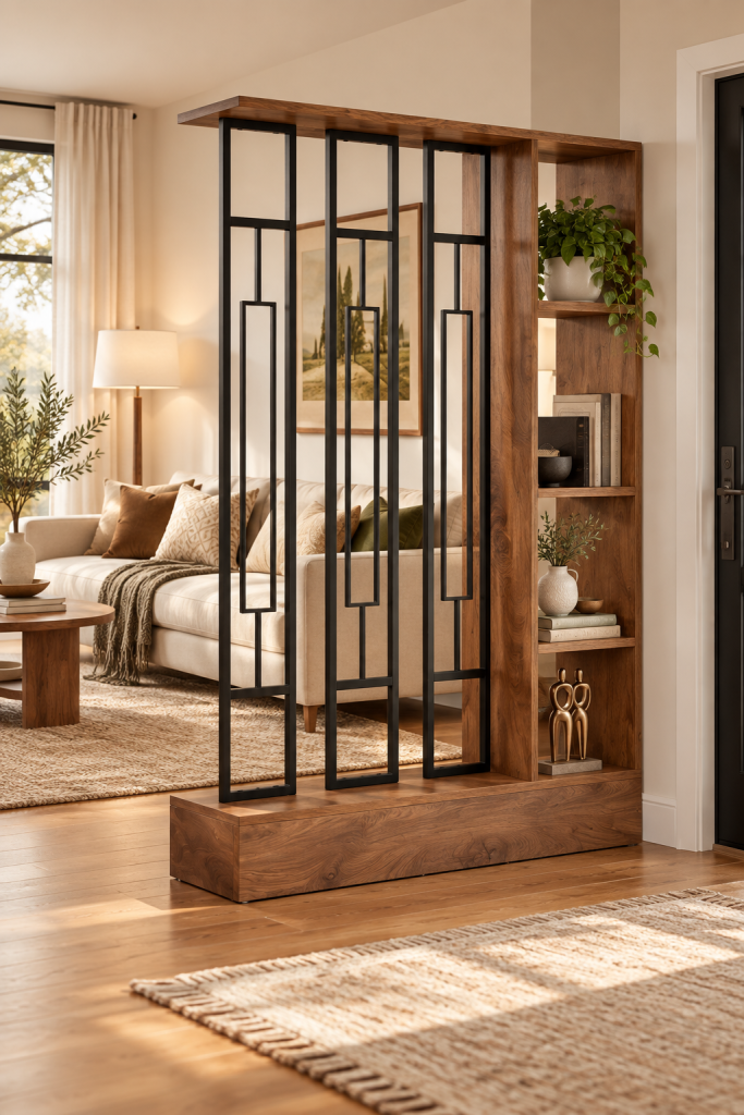 Modern wood and black metal room divider with geometric bars and built-in shelves separating a warm neutral living room