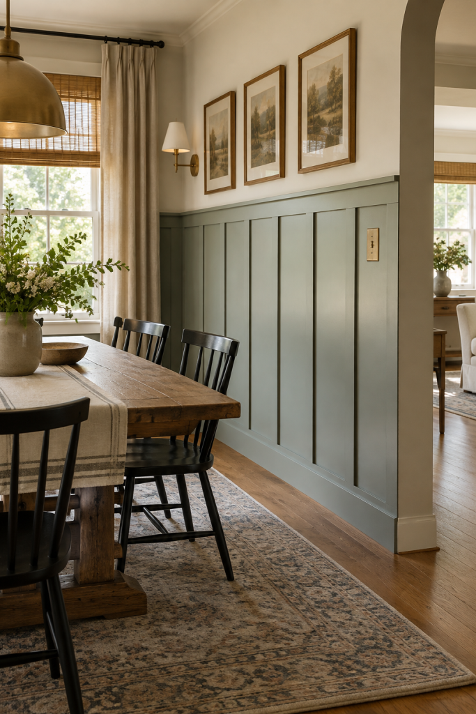 Board and batten wainscoting in a warm dining room with a wooden table and muted green wall panels