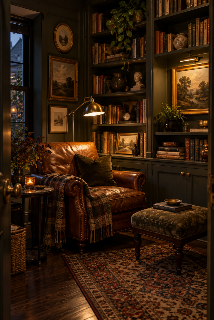 Cosy English-style reading corner with a leather armchair, dark built-in bookshelves, warm lamps and traditional artwork