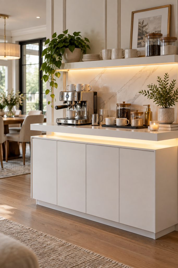 Modern white coffee bar station with floating countertop, open shelf, espresso machine and warm integrated lighting