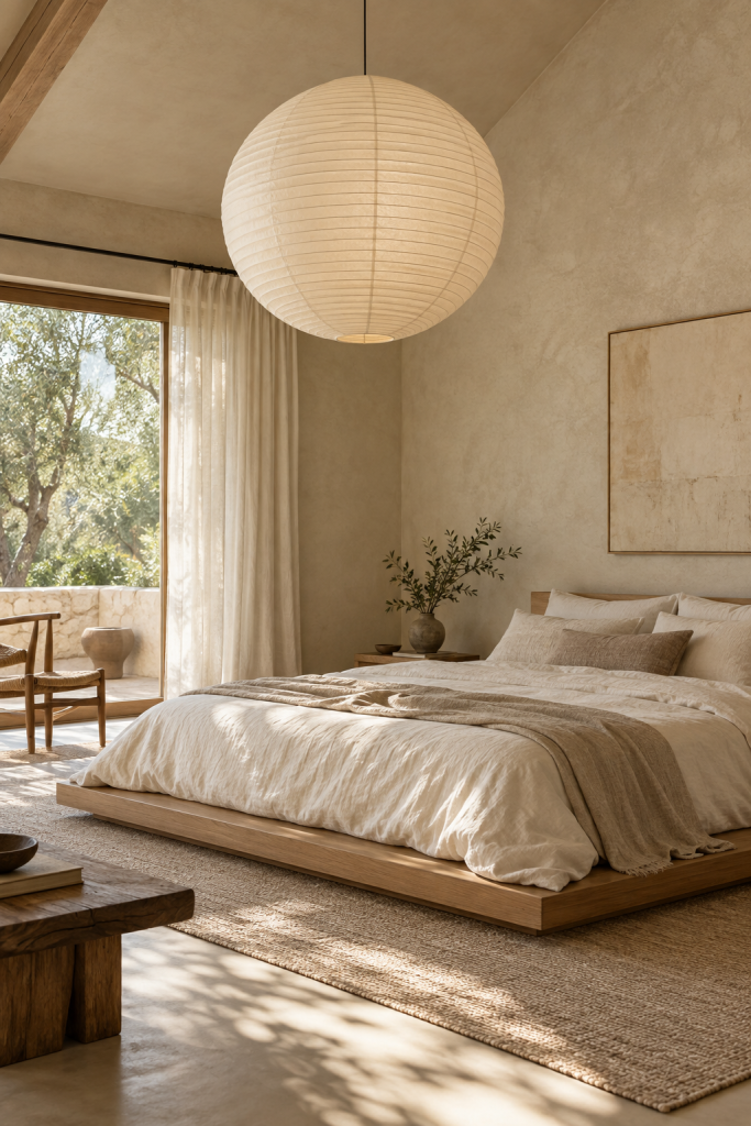 Calm Japandi bedroom with a low platform bed, oversized rice paper pendant light and soft neutral plaster walls