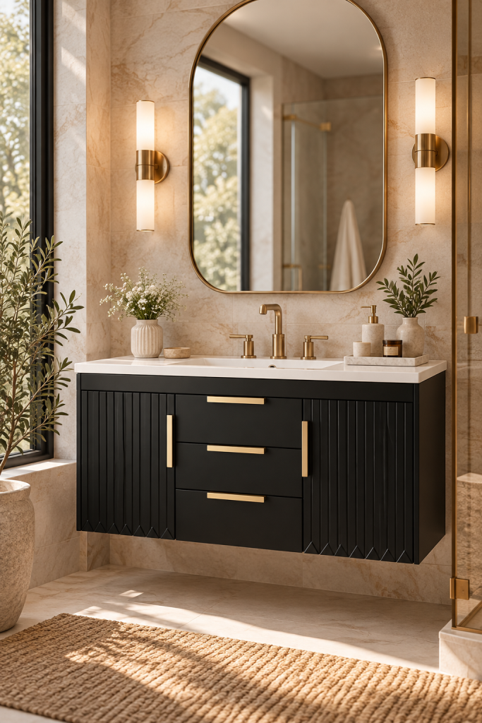 Light oak fluted floating bathroom vanity with curved edges, brass hardware and a white vessel sink