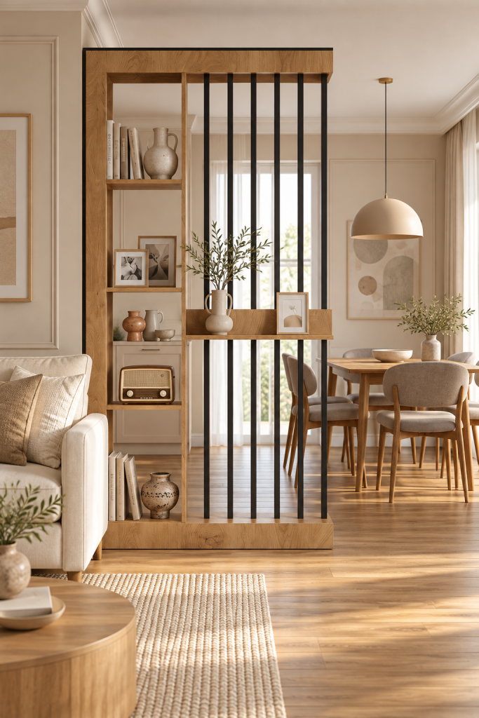 Open wood shelf and vertical black slat divider separating a cosy living room from a dining area