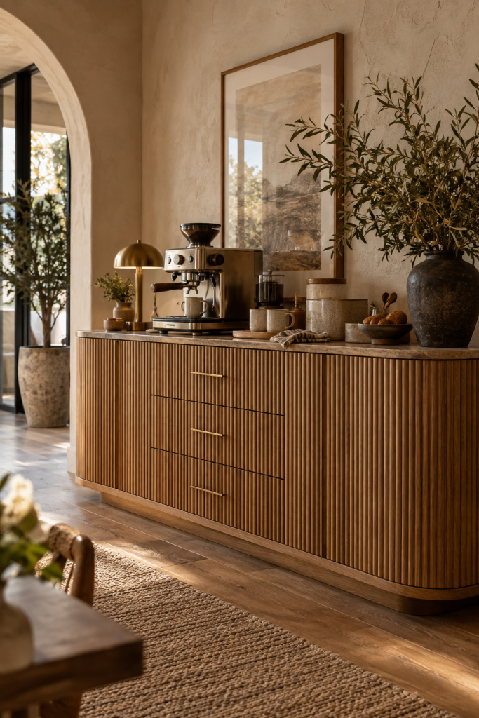 Warm wood fluted coffee bar cabinet with drawers, espresso machine, ceramic cups and soft neutral styling