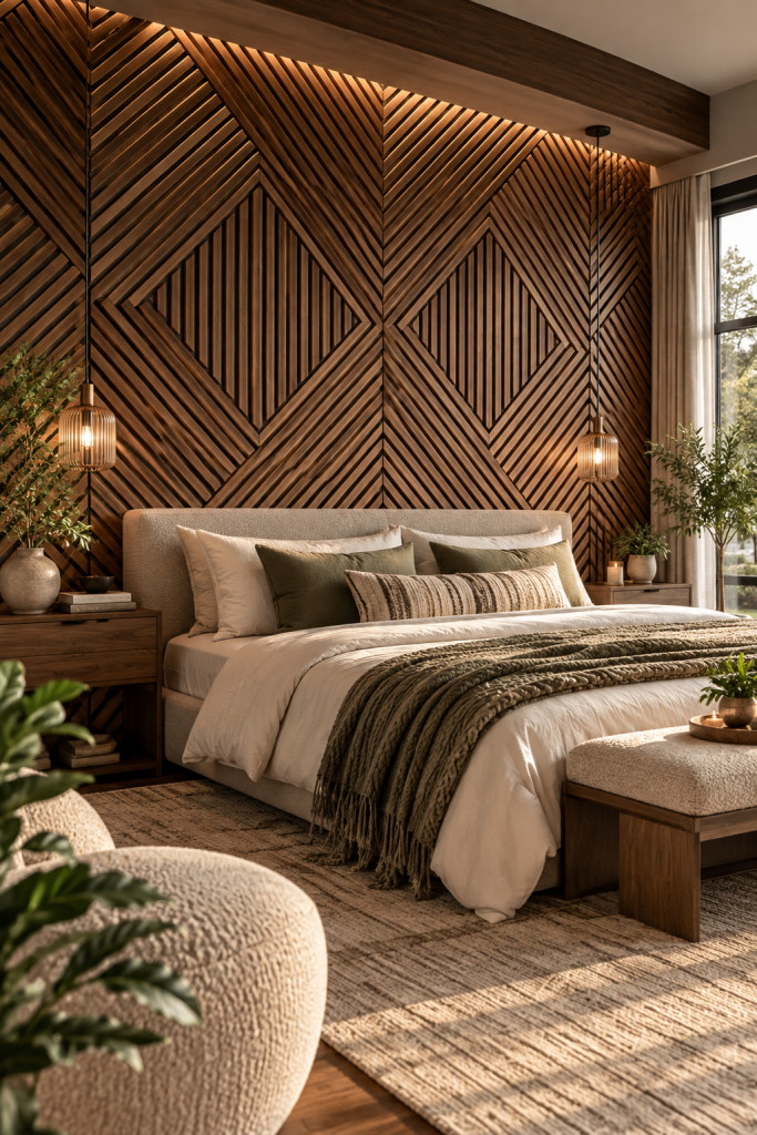 Geometric wood slat feature wall with diamond and chevron patterns behind a neutral bed in a warm modern bedroom