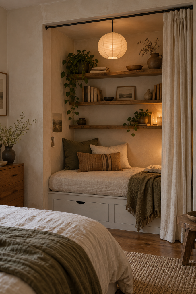 Small hygge reading nook with a rounded armchair, floor lamp, layered throws, vintage rug and built-in shelves