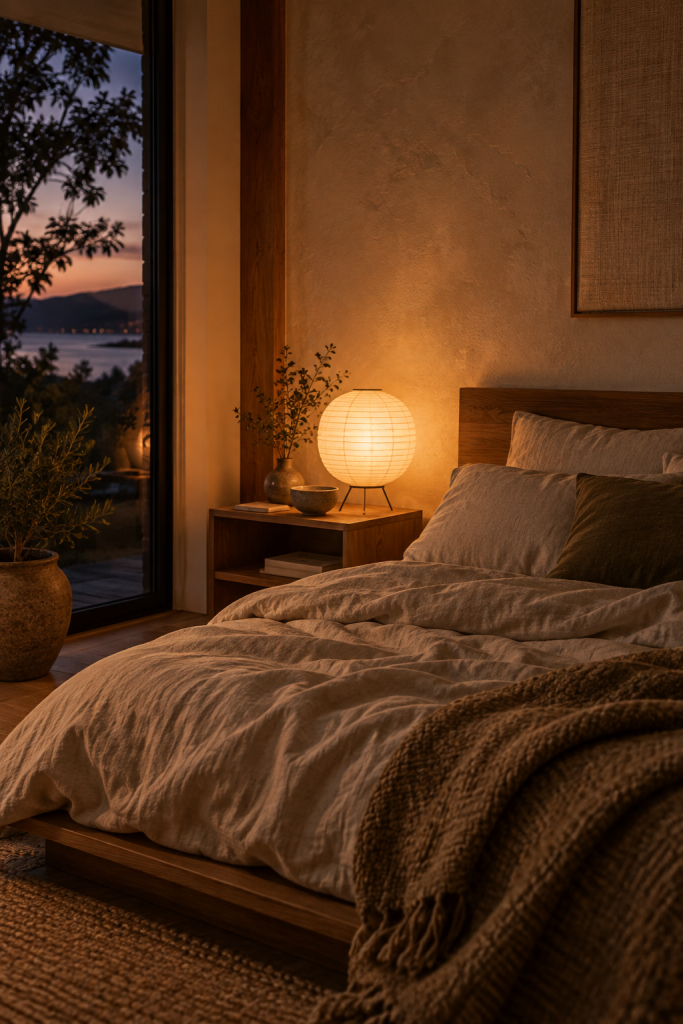 Warm Japandi bedroom at dusk with a glowing paper bedside lamp, dark wood bed and relaxed linen bedding