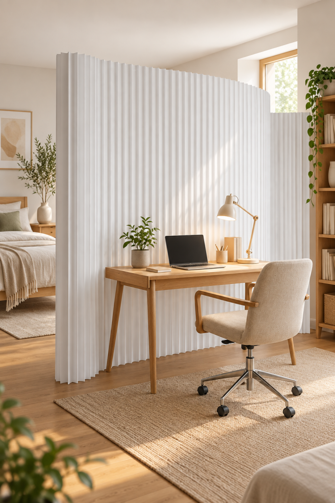 White accordion folding room divider creating a small home office zone beside a bedroom in a bright neutral interior