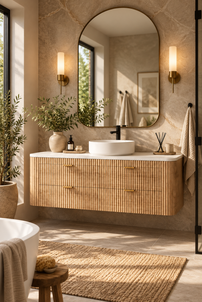 Warm wood floating bathroom vanity with a thick pale stone countertop, vessel sink and soft neutral finishes