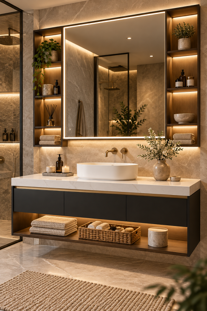 Black fluted floating bathroom vanity with gold hardware, white sink and warm brass fixtures