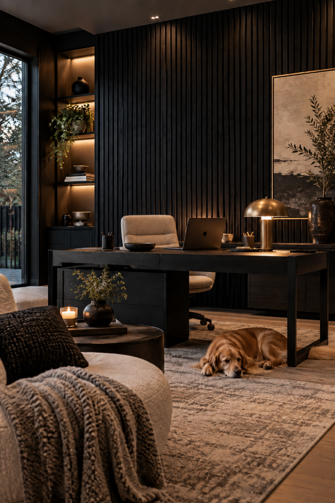 Black vertical slat wall panels in a moody home office with a dark desk, warm lighting and neutral decor