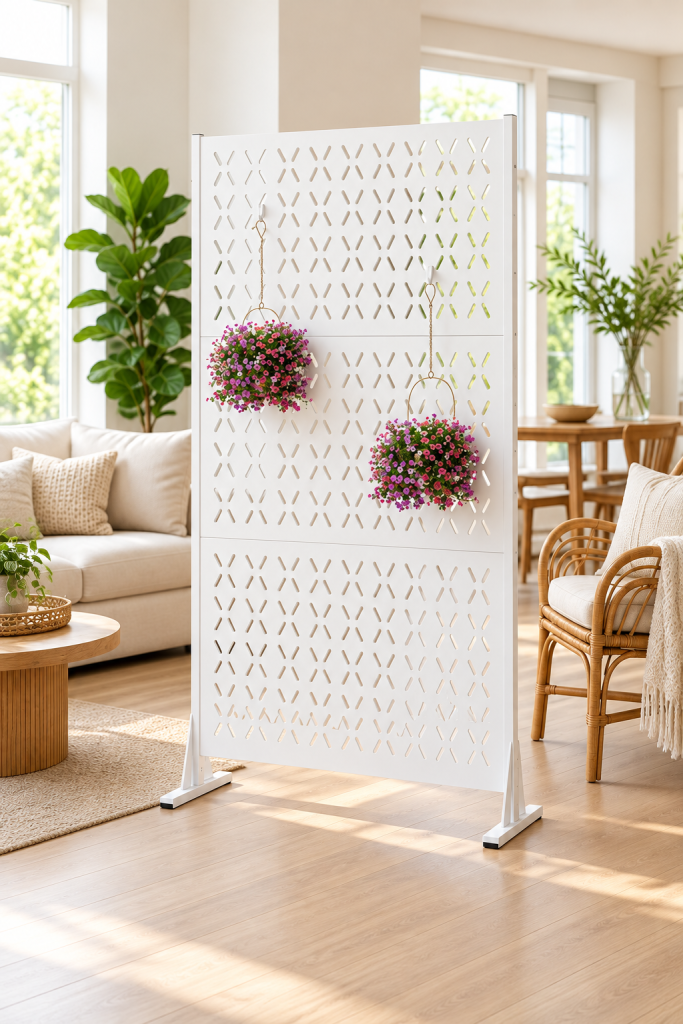 White freestanding decorative cut-out room divider with hanging flower baskets in a bright cosy living room