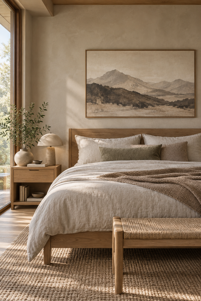 Japandi bedroom with neutral Japanese mountain wall art above a warm wood bed and layered linen bedding