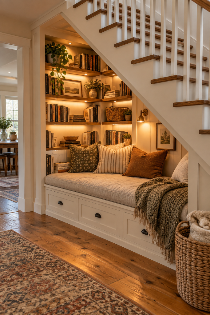 Built-in reading nook beneath a staircase with storage drawers, bookshelves, cushions and warm integrated lighting