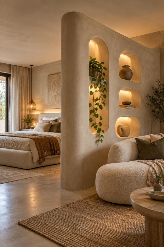 Curved microcement room divider wall with softly lit display niches separating a bedroom and cosy sitting area