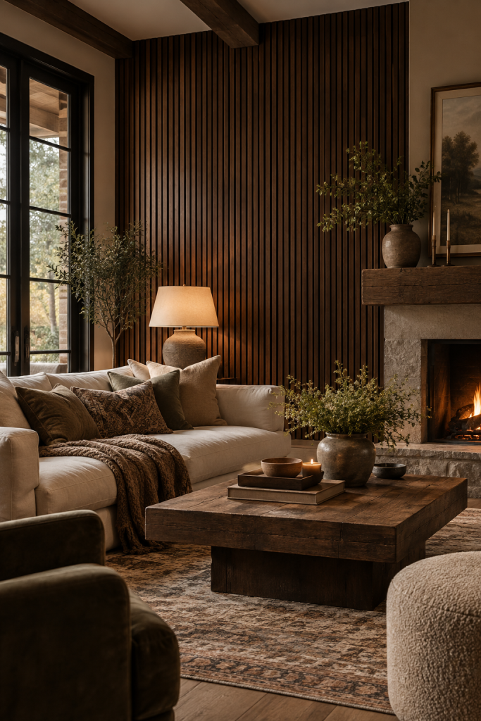 Dark walnut wood slat wall panels in a cosy living room with a stone fireplace, neutral sofa and warm lighting