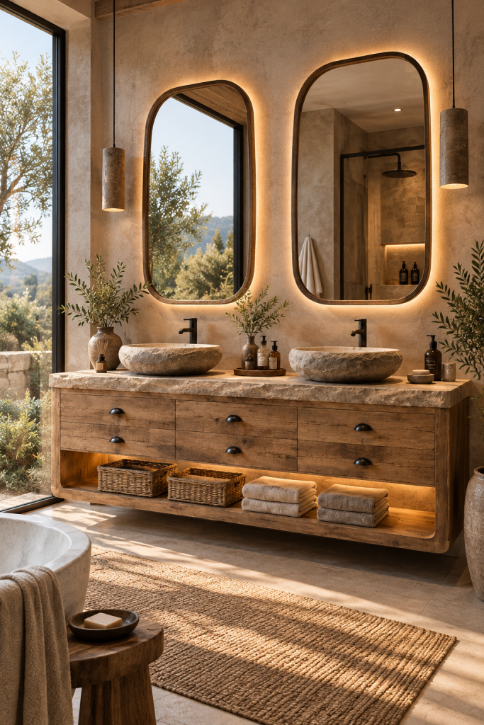 Rustic wood floating double vanity with stone vessel sinks, open lower shelf and warm bathroom lighting