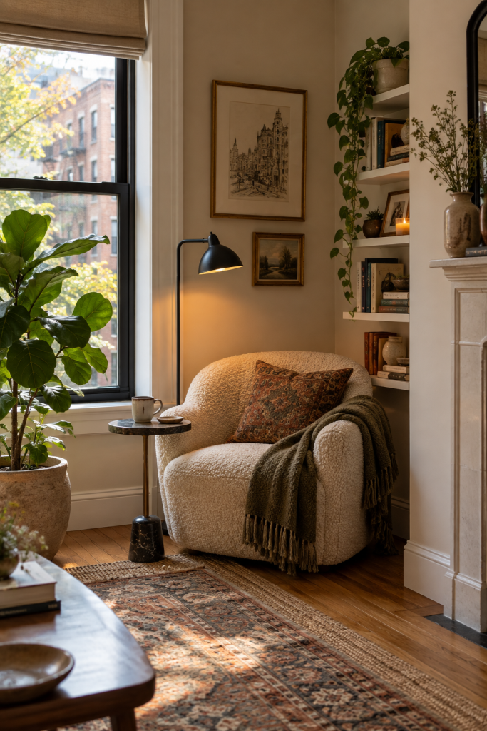 Sunlit boho reading nook with a low cushioned seat, houseplants, warm textiles, bookshelves and a patterned rug
