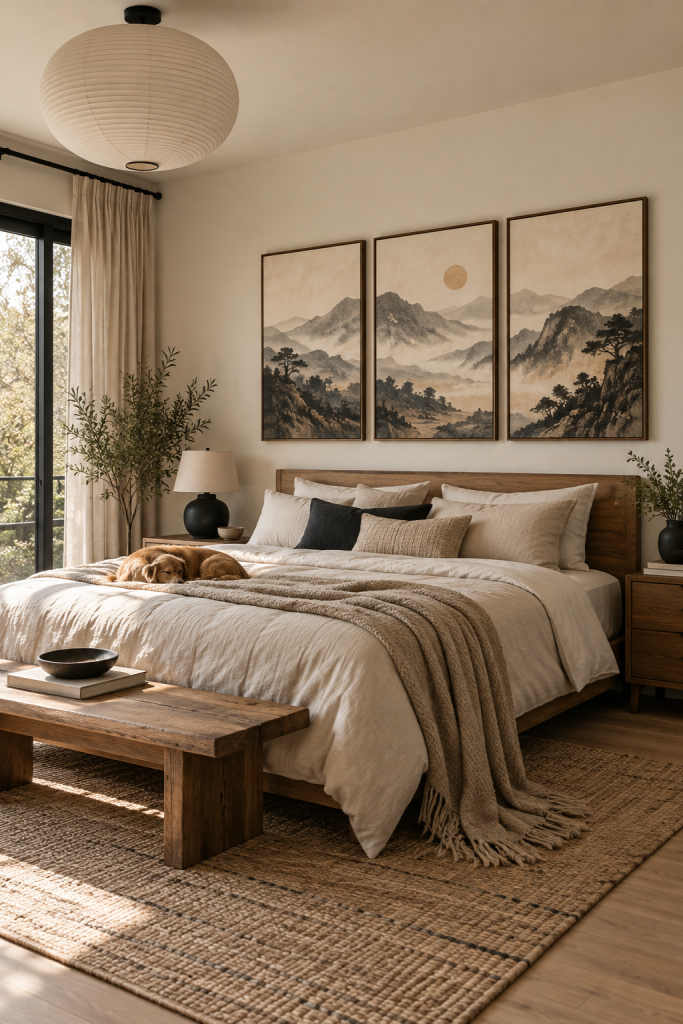Japandi bedroom with a three-piece Japanese mountain landscape gallery wall, paper pendant and warm wood furniture