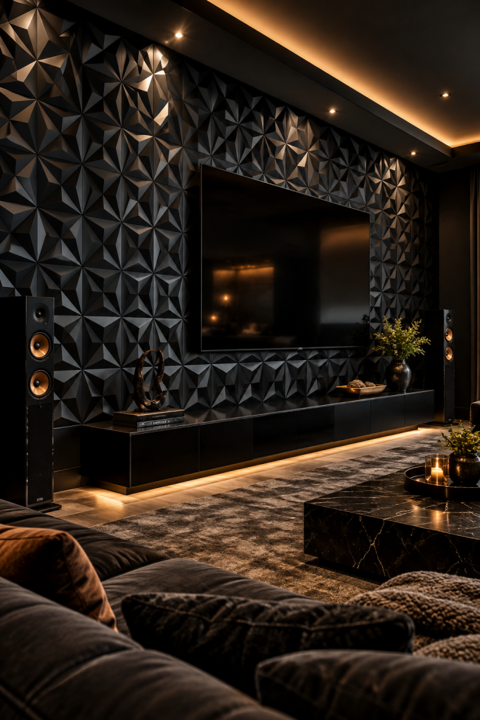 Black diamond 3D wall panels behind a television in a dark modern media room with warm ambient lighting