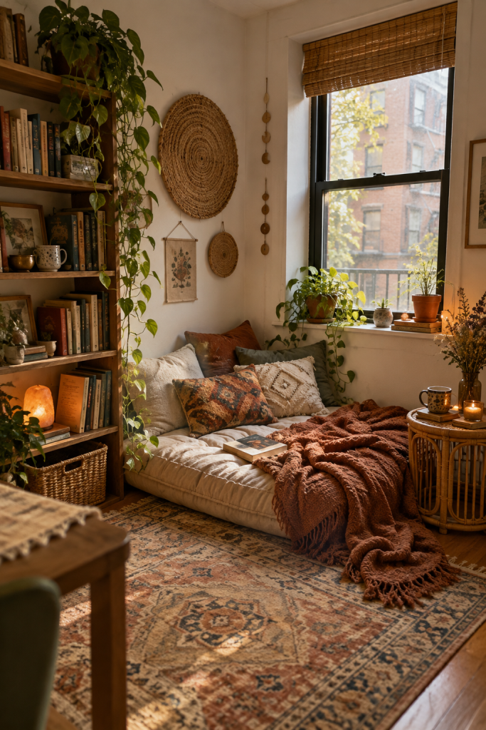 Bohemian reading corner beside a large window with a cosy floor seat, trailing plants, books and earthy rust-coloured textiles