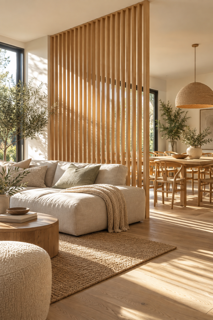 Floor-to-ceiling light wood slat divider separating a warm living room from the dining area while letting daylight through