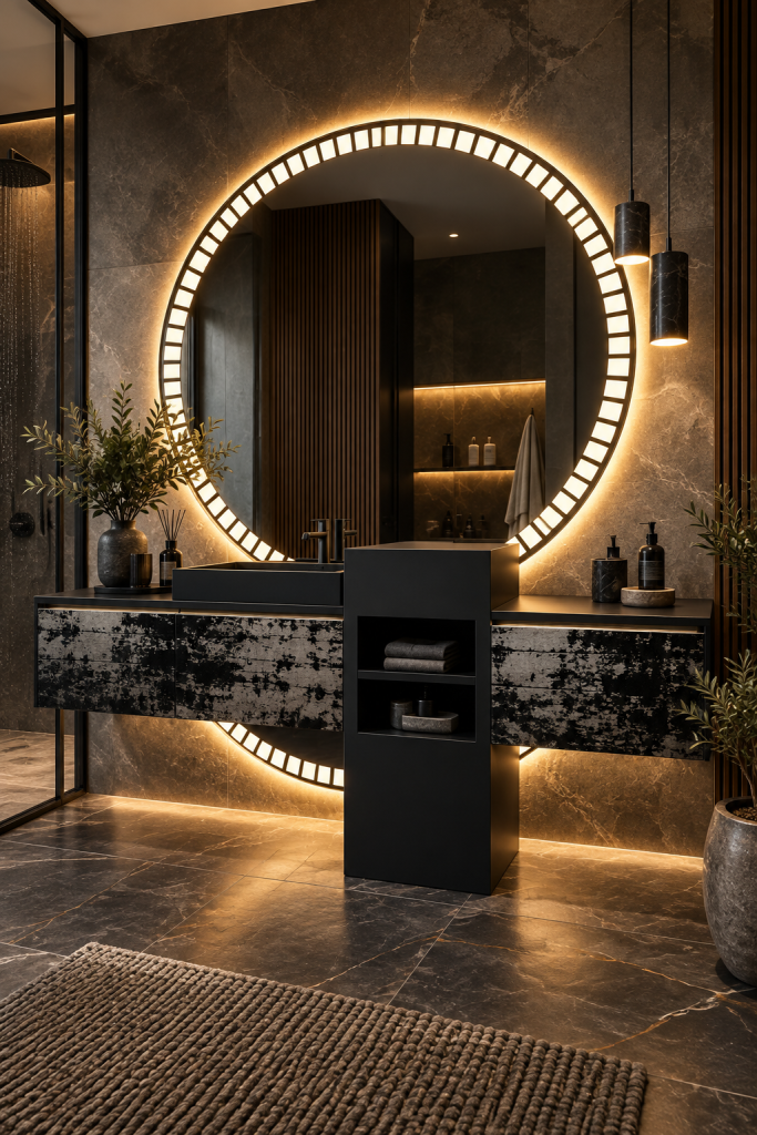 Moody black floating bathroom vanity with dramatic circular backlit mirror and sculptural modern basin