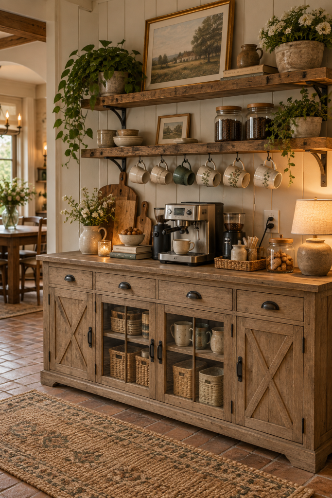Rustic farmhouse coffee bar with wood sideboard, open shelves, hanging mugs, espresso machine and natural textures