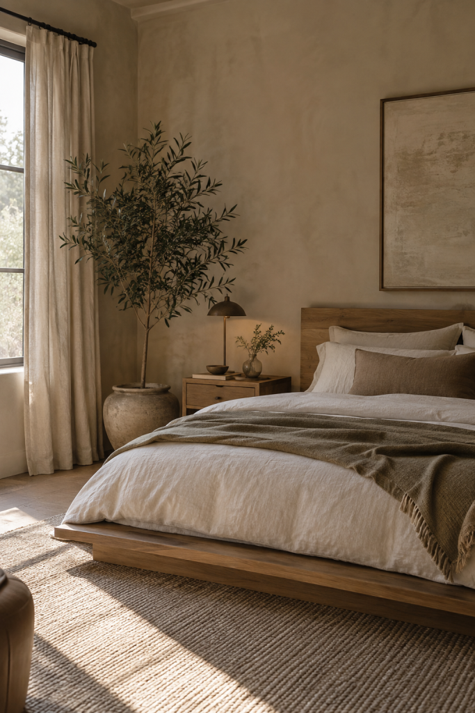 Minimal Japandi bedroom with a large sculptural indoor tree, low wood bed and warm neutral plaster walls