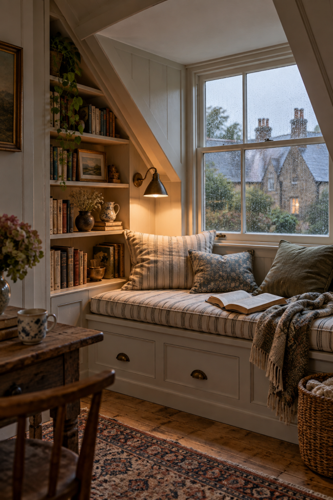 Cosy attic reading nook beneath a skylight with built-in bookshelves, window bench, warm lighting and layered cushions