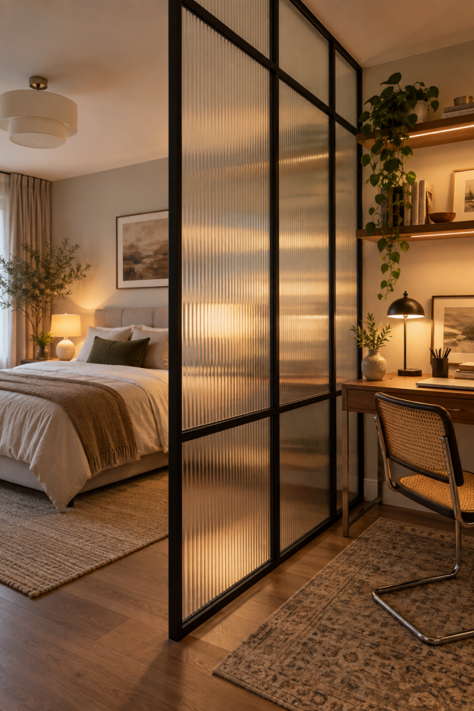 Black-framed fluted glass partition dividing a cosy bedroom and home workspace with warm ambient lighting