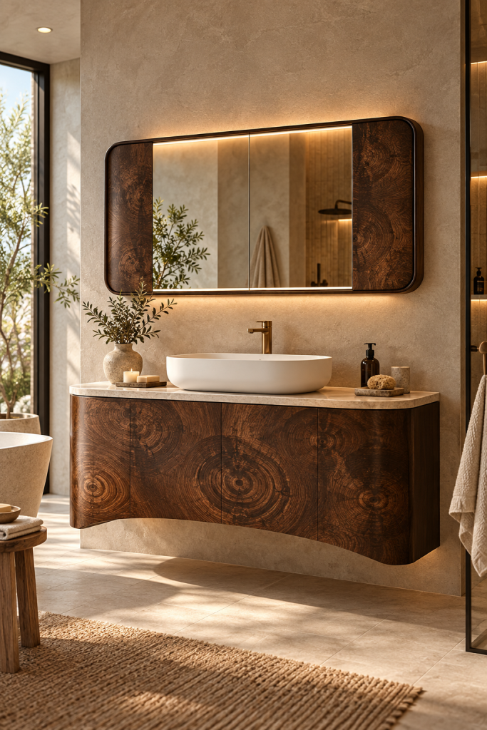 Curved walnut floating bathroom vanity with rich burl wood grain, white vessel sink and integrated mirror lighting