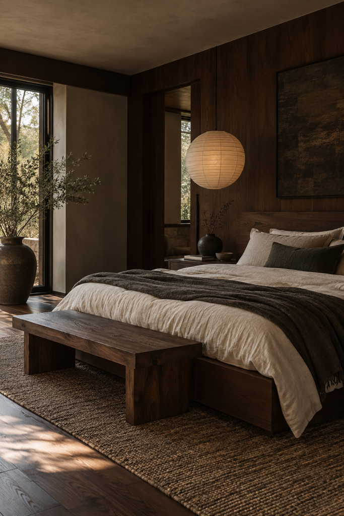 Moody Japandi bedroom with dark walnut wall panels, low wood bed, paper lantern pendant and natural linen bedding