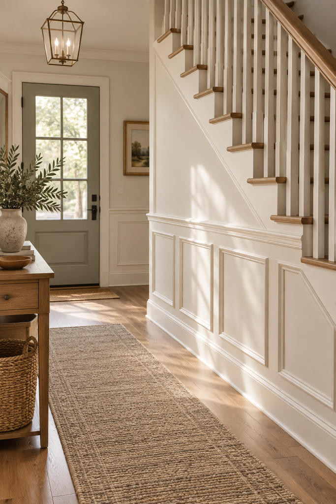 Peel-and-stick picture-frame wainscoting in a bright entryway beside a wooden staircase and console table