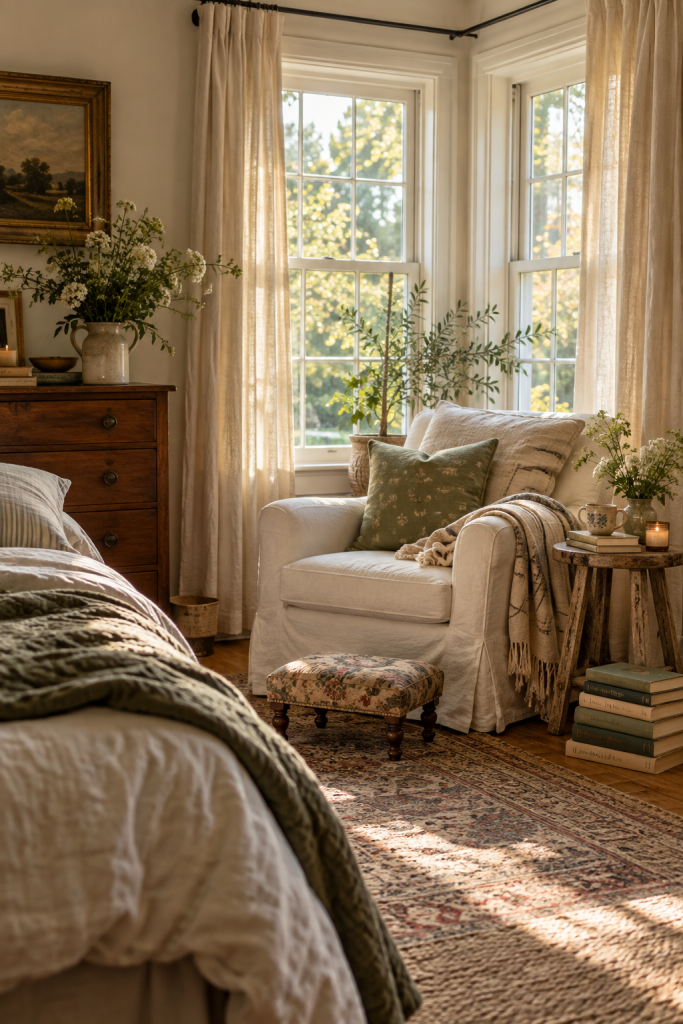 Cottage bedroom reading nook with a soft armchair, floral curtains, vintage chest, books and warm layered textiles