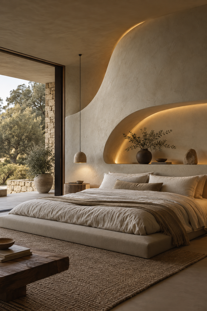 Japandi bedroom with a sculptural curved microcement headboard wall, integrated warm lighting and a low upholstered bed