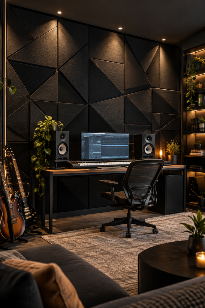 Geometric black acoustic wall panels in a dark home music studio with a desk, speakers and guitars