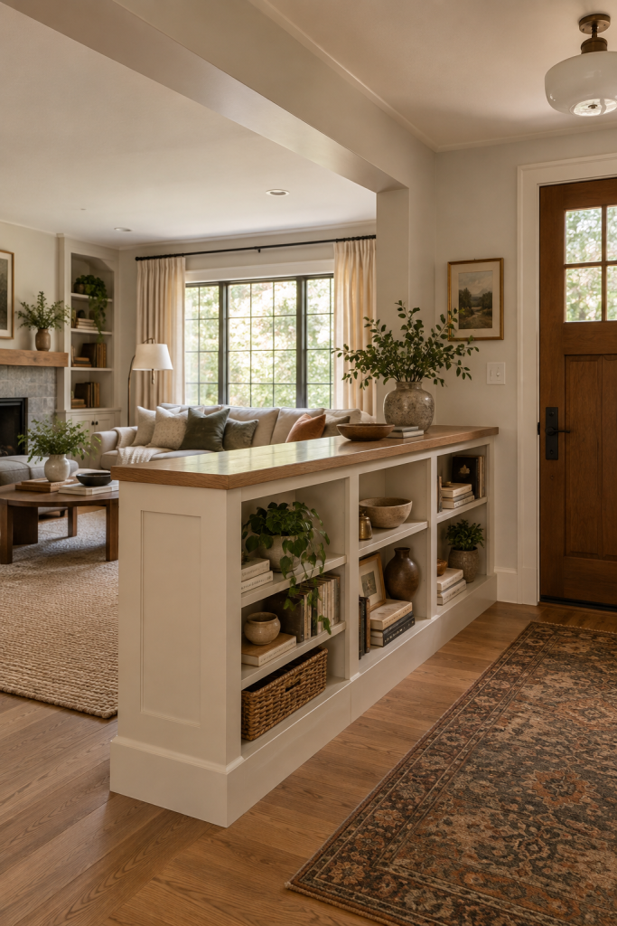 Half-height room divider with built-in open shelves separating an entryway from a warm traditional living room
