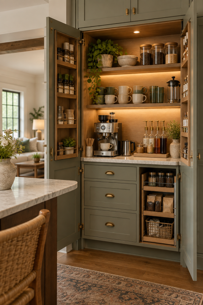 Hidden sage green coffee station cabinet with folding doors, espresso machine, coffee storage and warm integrated lighting