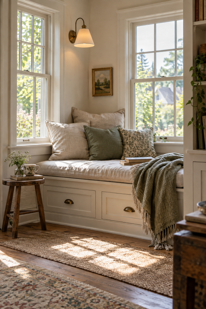 Cosy cottage window seat reading nook with built-in drawers, linen cushions, vintage stool and garden views