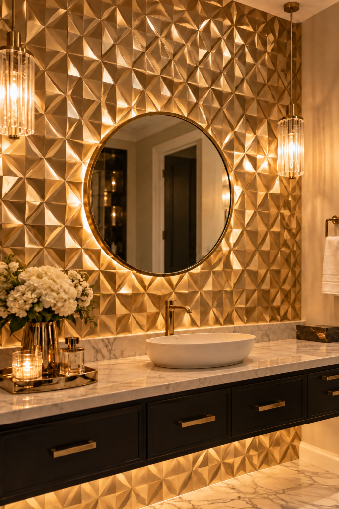 Gold diamond 3D wall panels behind a round mirror and marble vanity in a warm luxury bathroom