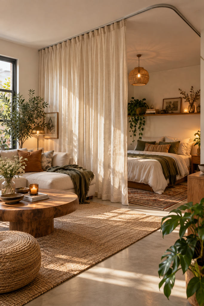Floor-to-ceiling linen curtain divider separating a cosy sleeping area from a warm boho living space
