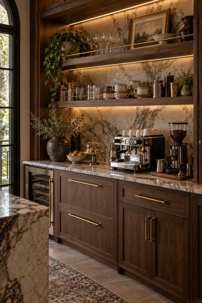 Luxury coffee station with dark walnut cabinets, marble backsplash, espresso machine, open shelves and brass details