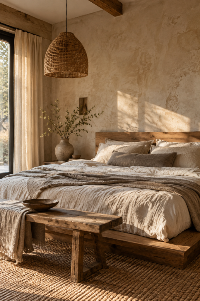 Wabi-sabi Japandi bedroom with imperfect textured plaster walls, rustic timber furniture and relaxed neutral linen bedding