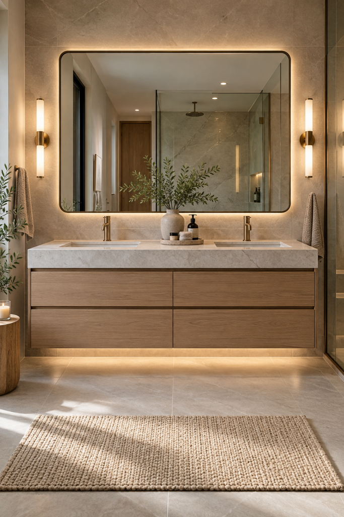 Olive green zellige tile floating vanity with stone vessel sink and warm plaster walls in an earthy bathroom
