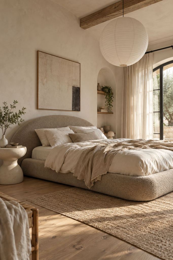 Light Japandi bedroom with floor-to-ceiling linen curtains, curved upholstered bed and a large rice paper pendant
